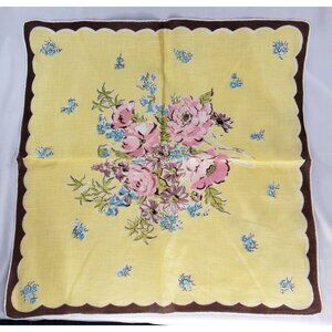 Vintage Linen Floral Handkerchief Yellow Flowers Colorful Pink Blue Brown